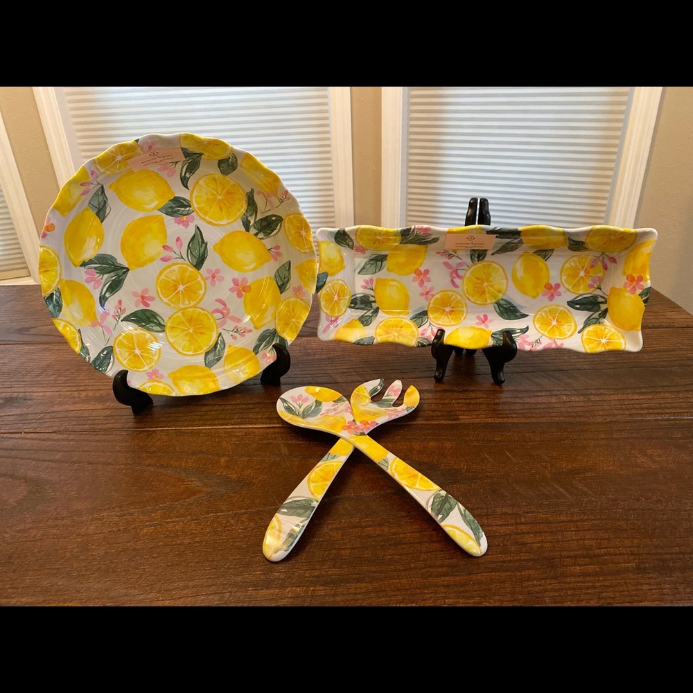 Lemon Serving Bowl, Lemon Platter & Lemon Serving Spoon & Fork Bundle